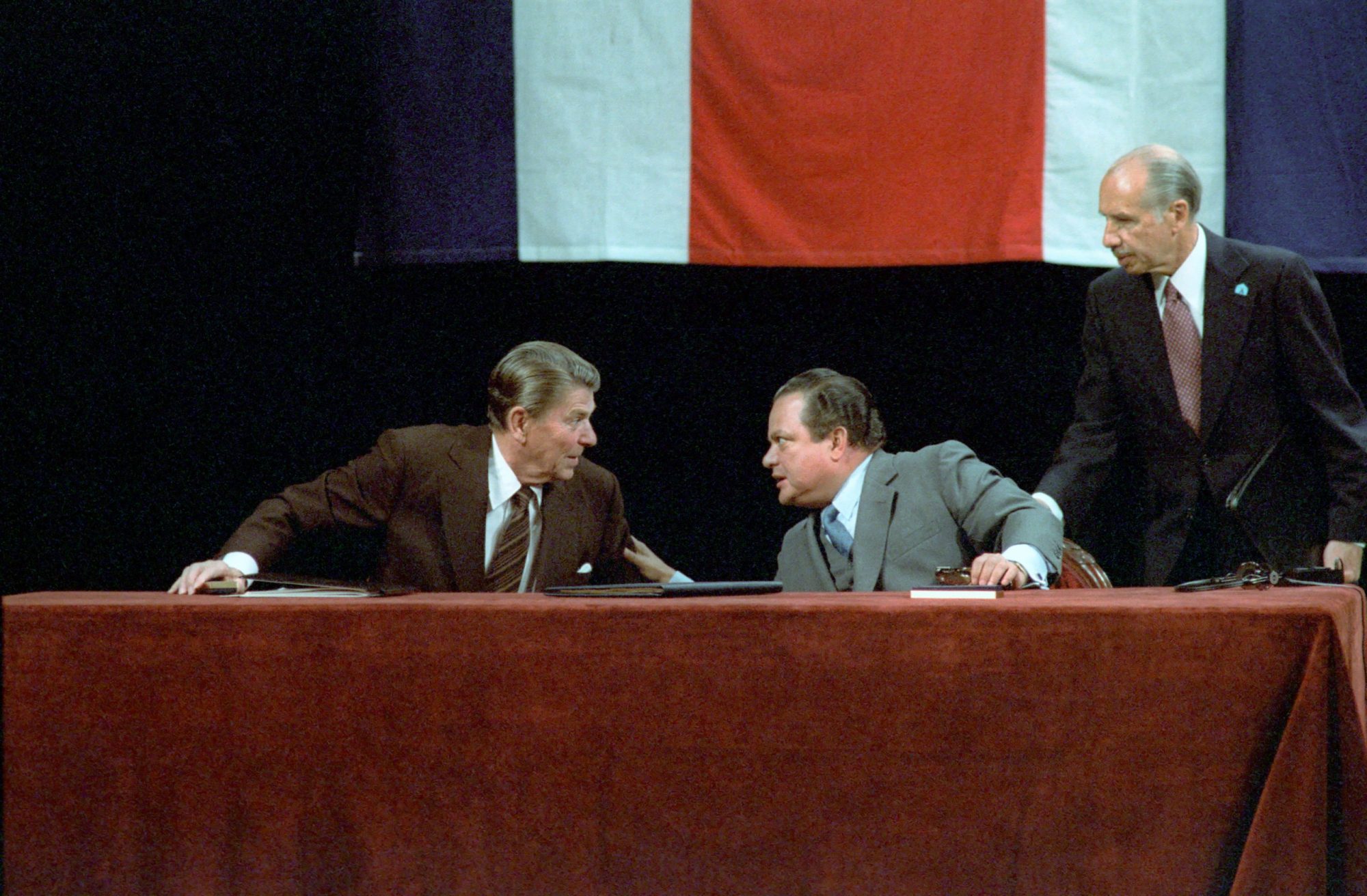 President Ronald Reagan and Luis Alberto Monge Alvarez at The Signing of The United States/Costa Rica Extradition Treaty at The National Theater in San Jose Costa Rica. This item was produced or created on December 4, 1982.The creator compiled or maintained the parent series, Reagan White House Photographs, between January 20, 1981–January 20, 1989.