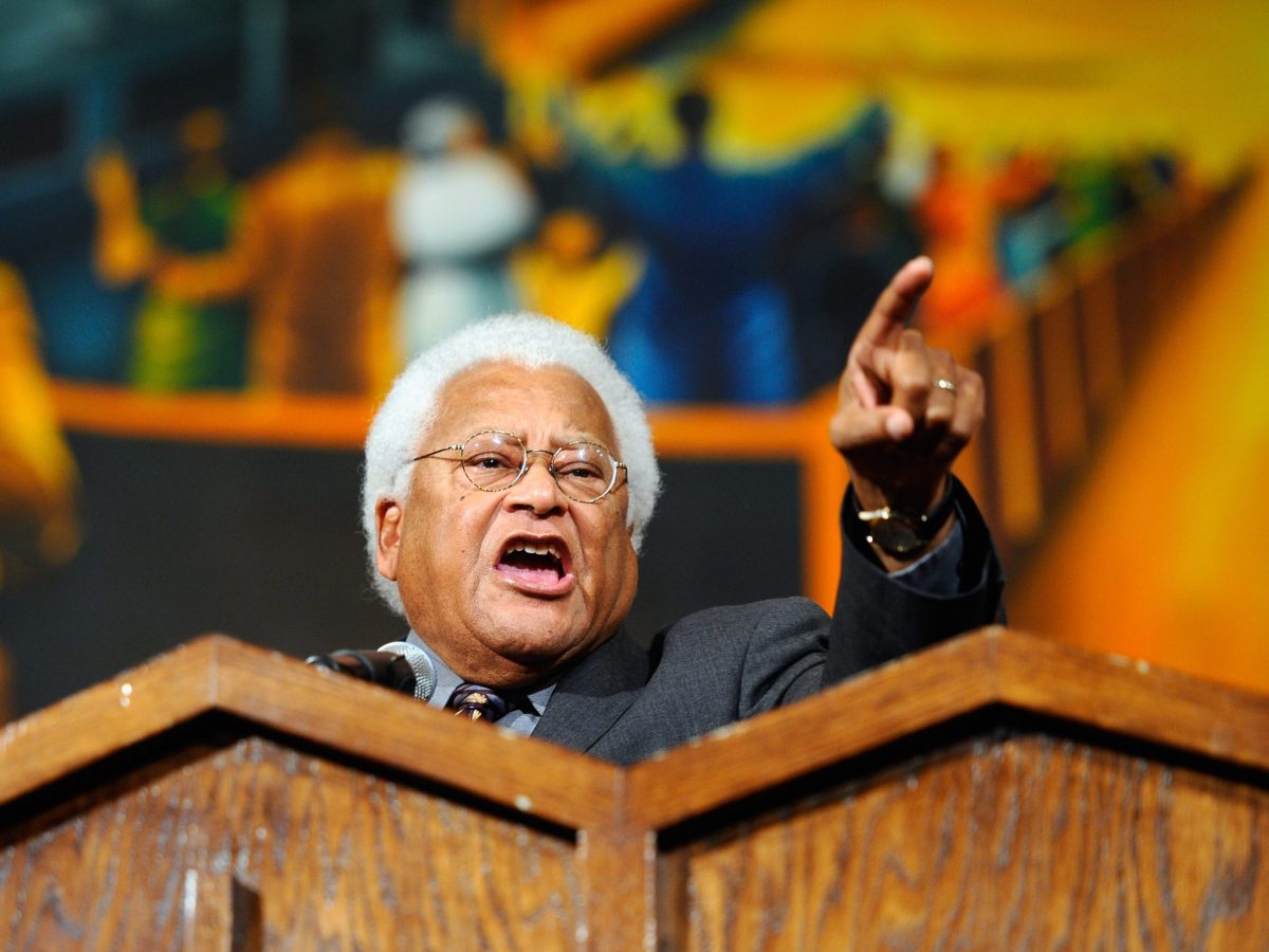 Rev. James Lawson speaks from the pulpit of the First AME Church during an event in solidarity with union workers in Wisconsin on the anniversary of Dr. Martin Luther King Jr's assassination on April 4, 2011 in Los Angeles, California. Photo by Kevork Djansezian/Getty Images