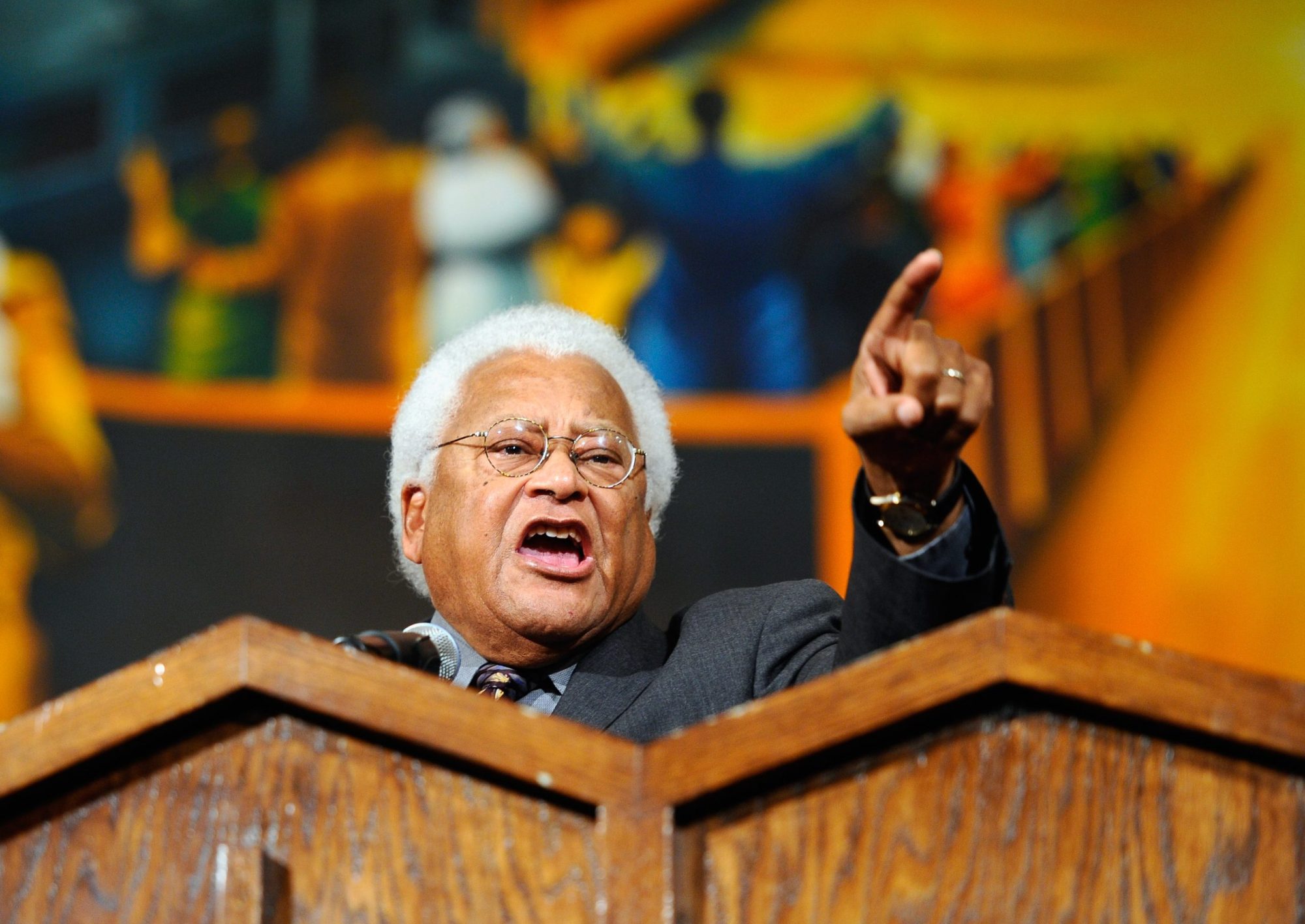 Rev. James Lawson speaks from the pulpit of the First AME Church during an event in solidarity with union workers in Wisconsin on the anniversary of Dr. Martin Luther King Jr's assassination on April 4, 2011 in Los Angeles, California. Photo by Kevork Djansezian/Getty Images