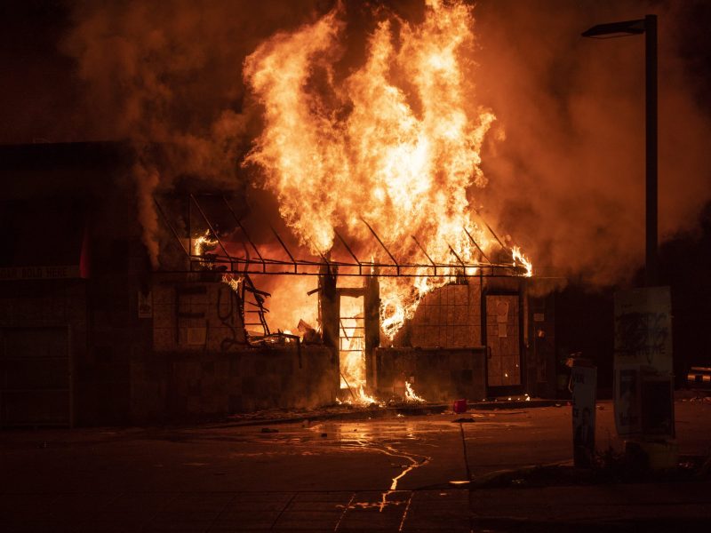 A fire burns at a gas station on Lake Street on May 29, 2020 in Minneapolis, Minnesota. Protests have been ongoing in the state and around the country since George Floyd's death while in police custody on Monday. Photo by Stephen Maturen/Getty Images