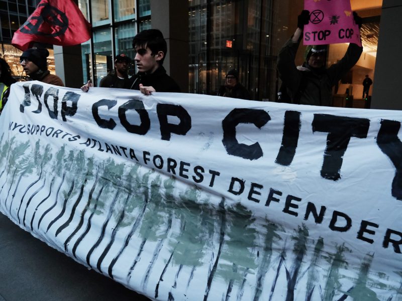 Activists participate in a protest against the proposed Cop City being built in an Atlanta forest on March 09, 2023 in New York City. Photo by Spencer Platt/Getty Images