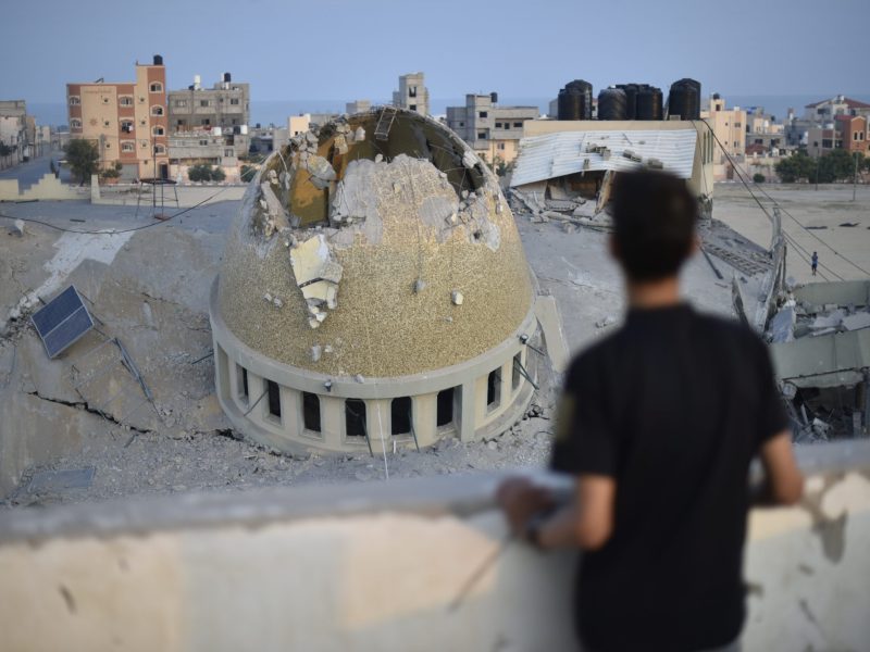 A view of destroyed Al Amin Muhammad Mosque hit by Israeli airstrike, in Khan Yunis, southern Gaza Strip on October 08, 2023. Photo by Abed Zagout/Anadolu Agency via Getty Images