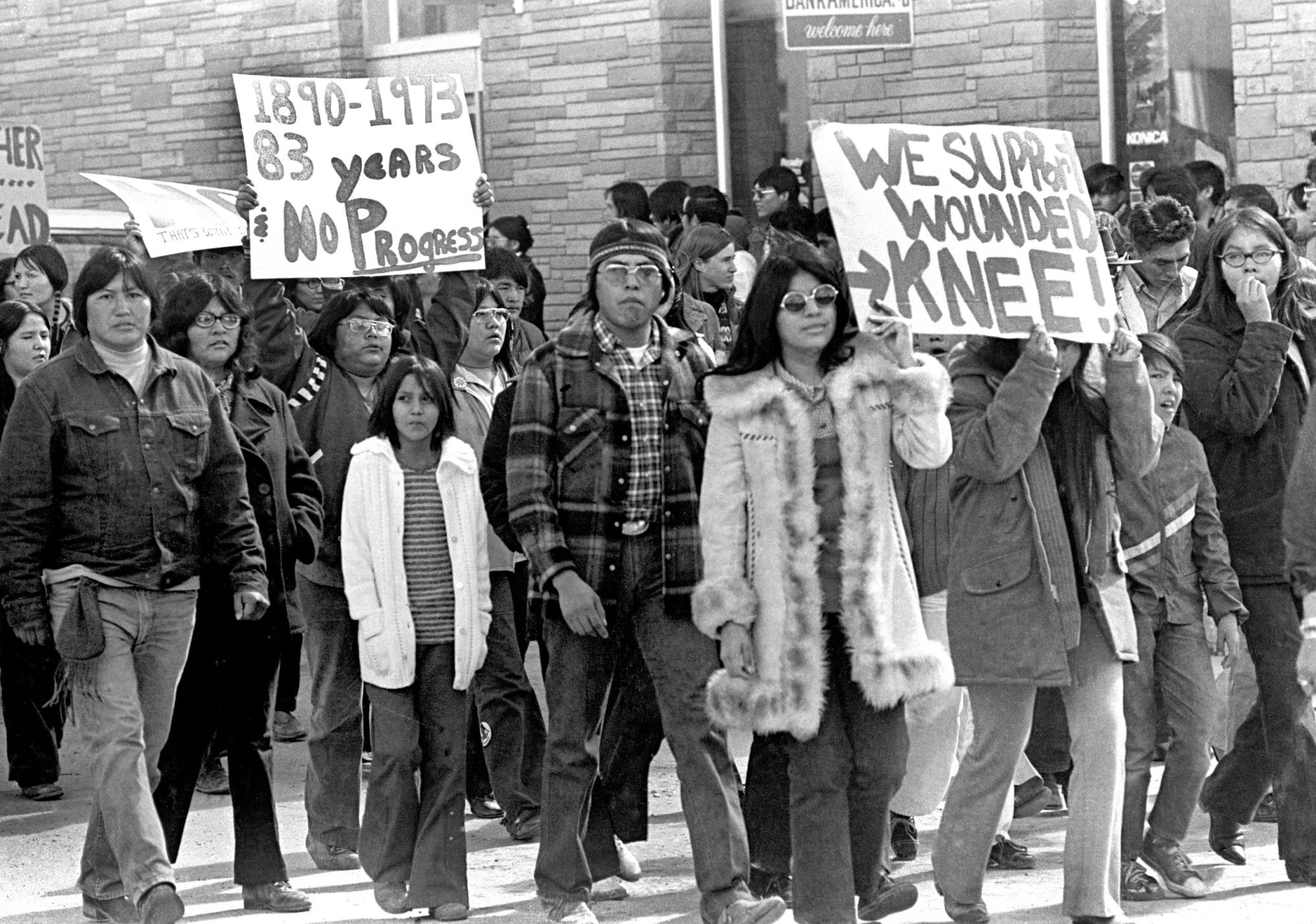 Protesters at the nonviolent Navajo Indian Protests of 1973, in Gallup, New Mexico, organized by AIM, the American Indian Movement, protesting the mistreatment of Navajo people by federal government agencies and law enforcement agencies, 1973. Photo By Buddy Mays/Getty Images