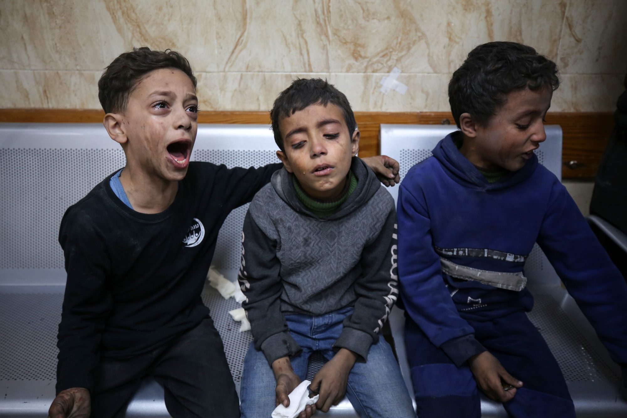 Children who are victims of the Israeli raids on Deir al-Balah in the central Gaza Strip are reacting at Al-Aqsa Hospital in Deir al-Balah, Gaza, on December 2, 2023, amid ongoing battles between Israel and the armed Hamas movement.Photo by Majdi Fathi/NurPhoto via Getty Images