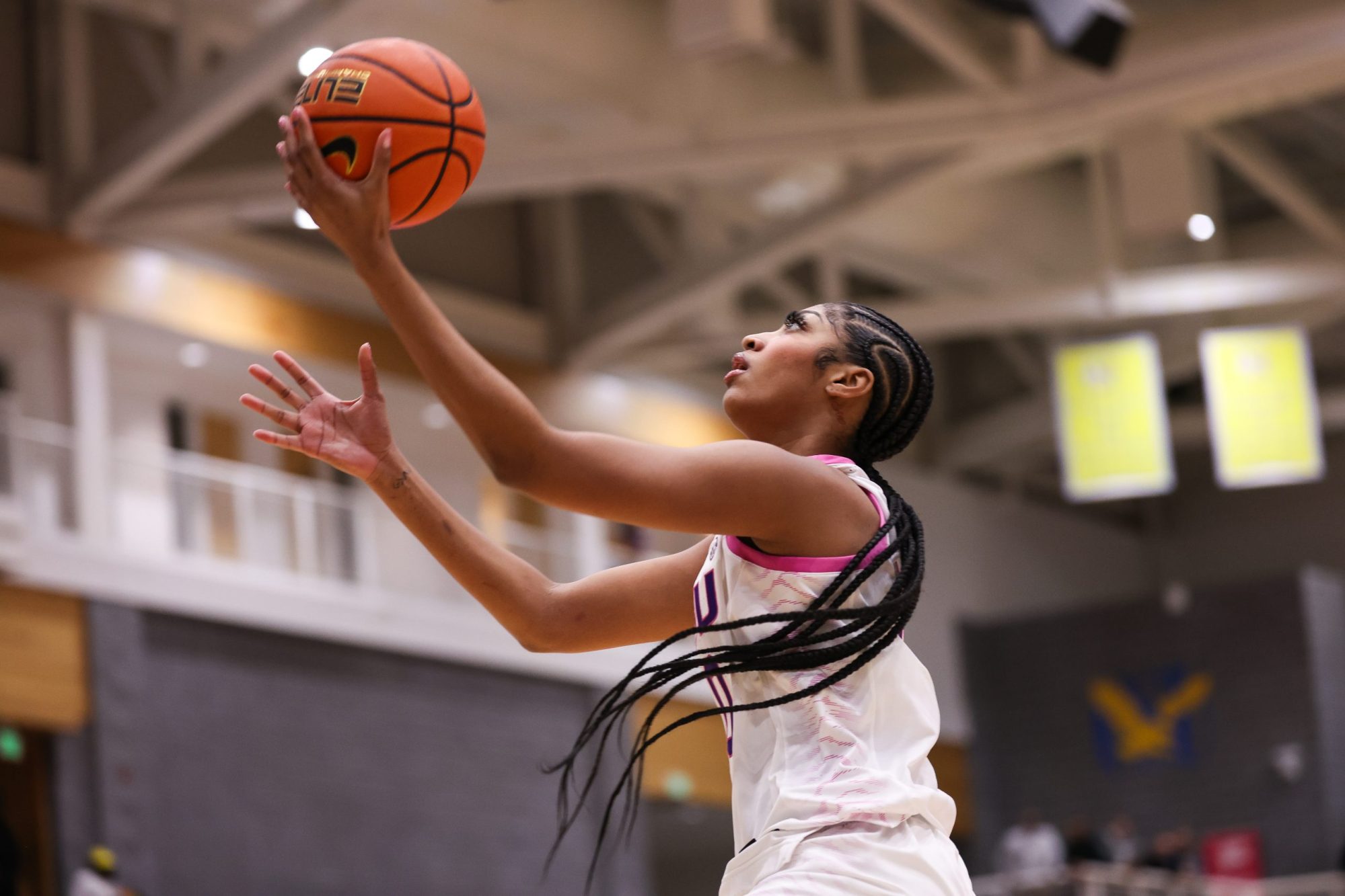 Angel Reese of LSU in action during a NCAA Women's Basketball game between LSU and Coppin State at the Coppin State, Physical Education Complex, Baltimore on December 20th, 2023. Photo by Simon Bruty for The Washington Post via Getty Images