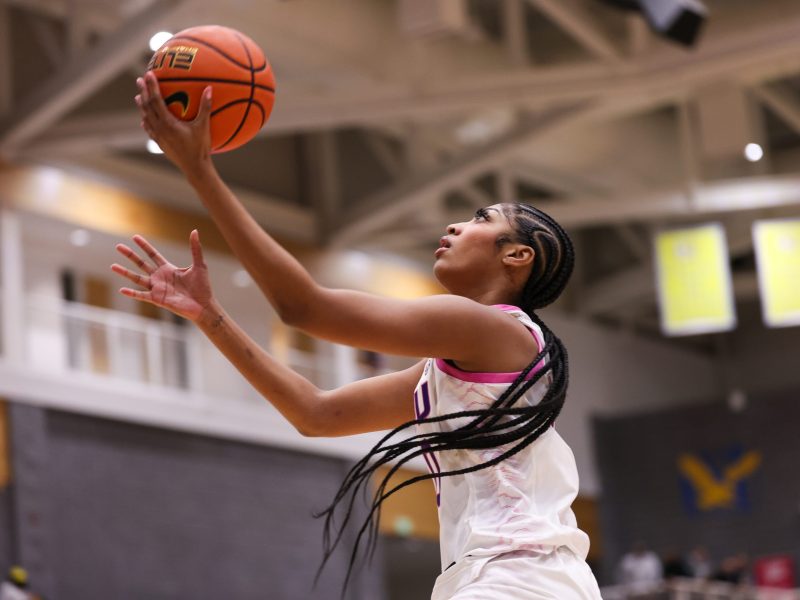 Angel Reese of LSU in action during a NCAA Women's Basketball game between LSU and Coppin State at the Coppin State, Physical Education Complex, Baltimore on December 20th, 2023. Photo by Simon Bruty for The Washington Post via Getty Images