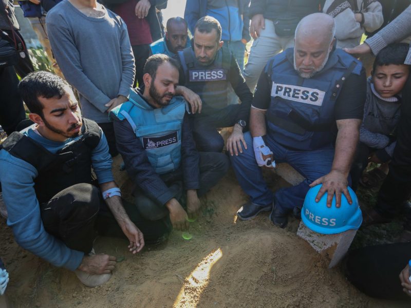 Family and friends including Al Jazeera reporter, Wael Al-Dahdouh (2nd R), bid farewell to the bodies of journalists Hamza Al-Dahdouh and Mustafa Thuraya on January 7, 2024 in Rafah, Gaza. Photo by Ahmad Hasaballah/Getty Images