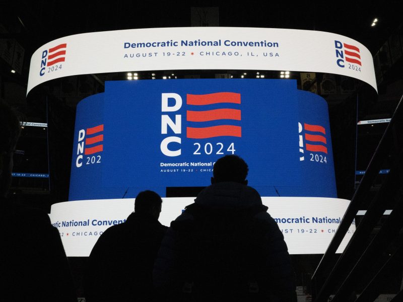 The logo for the Democratic National Convention is displayed on the scoreboard at the United Center during a media walkthrough on January 18, 2024 in Chicago, Illinois. Photo by Scott Olson/Getty Images