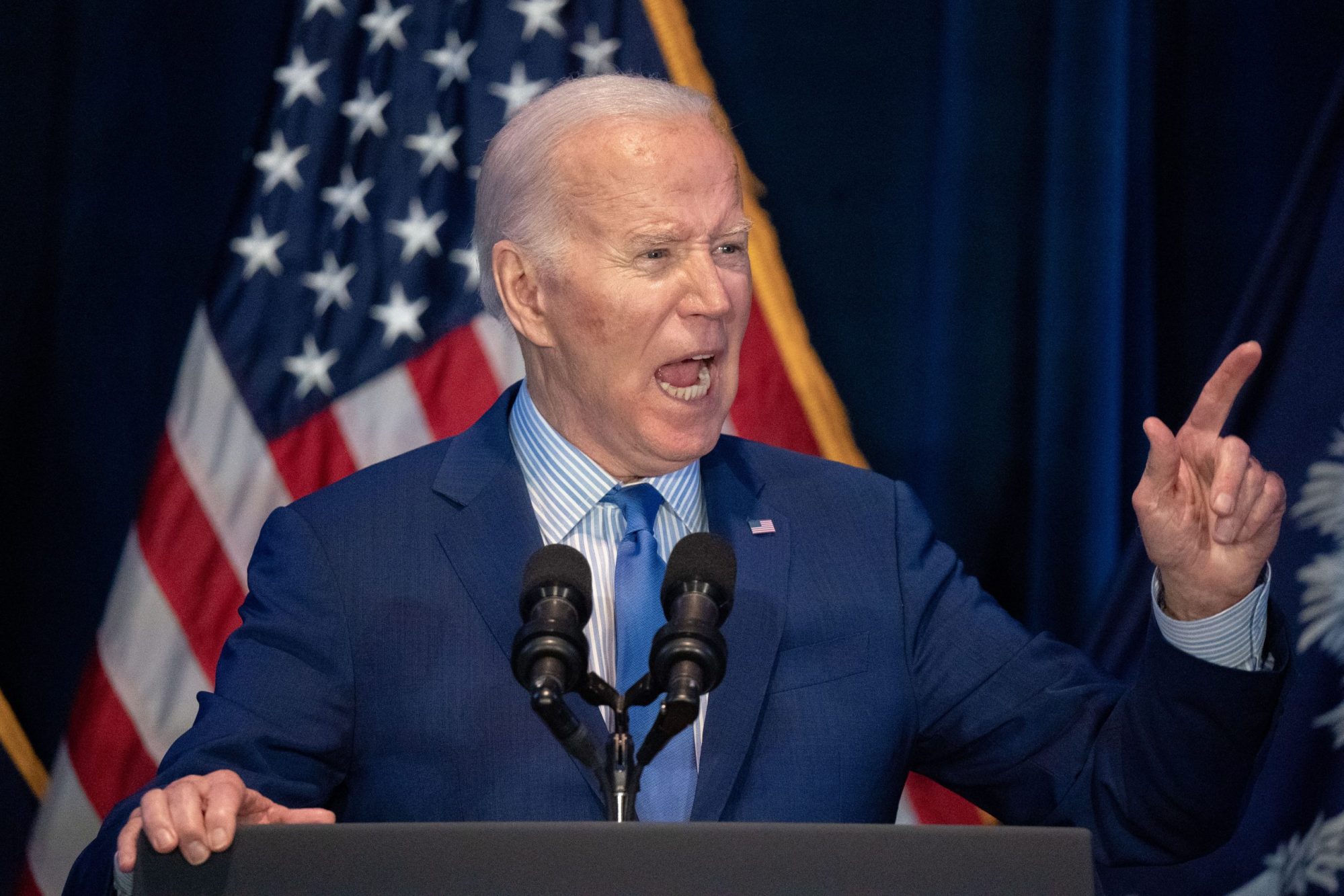 President Joe Biden speaks to a crowd during the South Carolina Democratic Party First in the Nation Celebration and dinner at the state fairgrounds on January 27, 2024 in Columbia, South Carolina. Photo by Sean Rayford/Getty Images