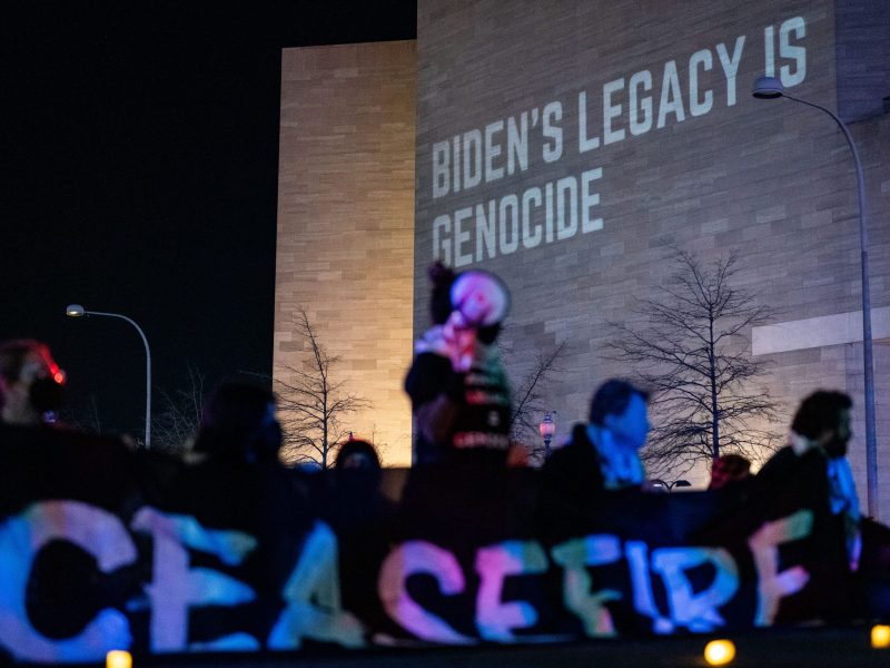 Demonstrators with a coalition of Pro-Palestinian groups attempt to block President Joe Biden's motorcade route during a protest near the U.S. Capitol March, 7 2024 in Washington, DC. Photo by Kent Nishimura/Getty Images