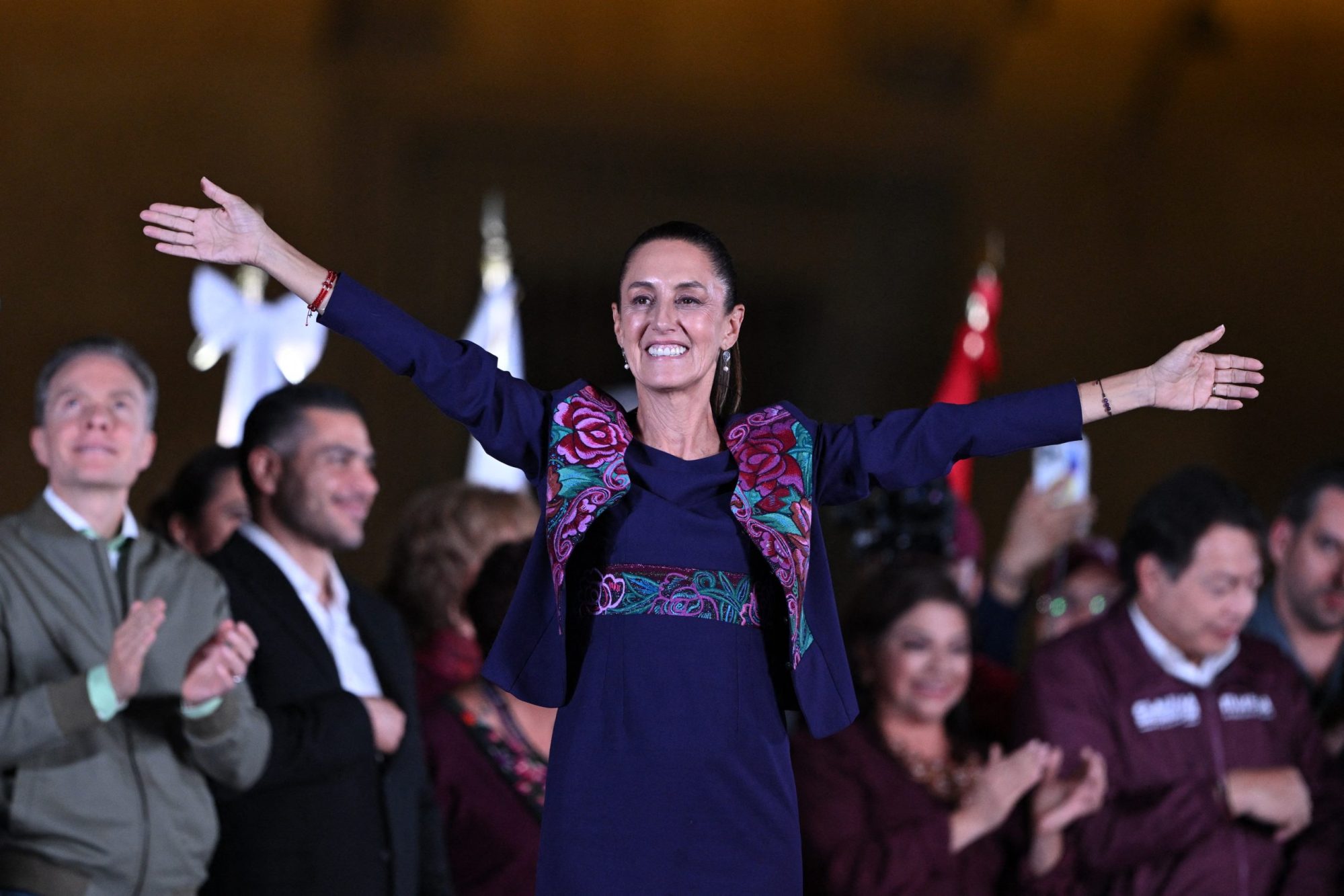 Mexico's presidential candidate for Morena party Claudia Sheinbaum celebrates following the results of the general election at Zocalo Square in Mexico City, on June 3, 2024. Carl de Souza/AFP via Getty Images