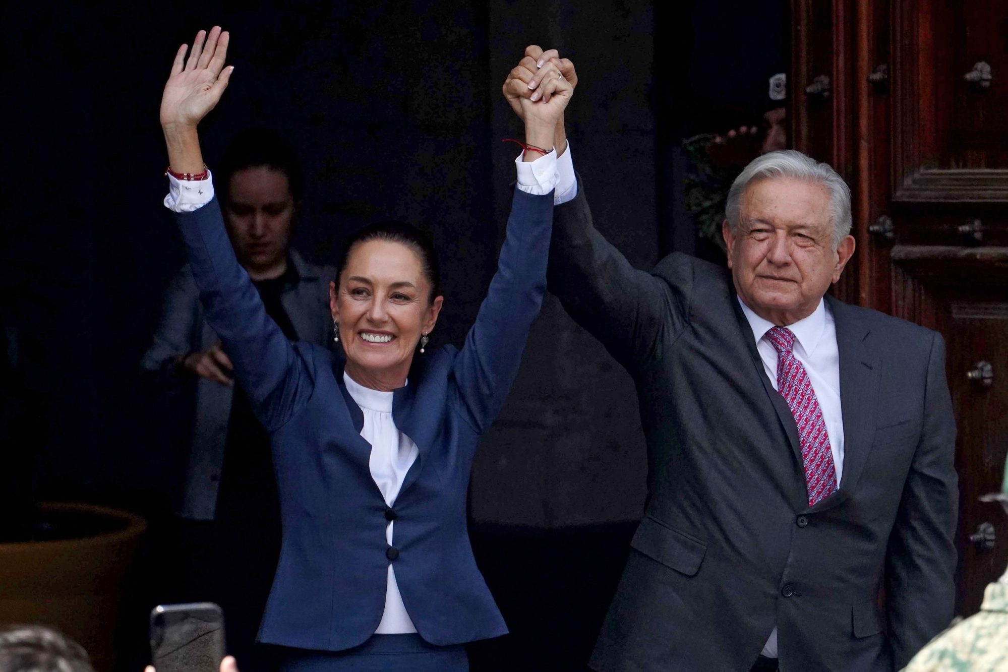 President-elect of Mexico Claudia Sheinbaum celebrates alongside current President of Mexico Andrés Manuel López Obrador during a meeting at the National Palace on June 10, 2024 in Mexico City, Mexico. Photo by Ulises Martínez/ObturadorMX/Getty Images