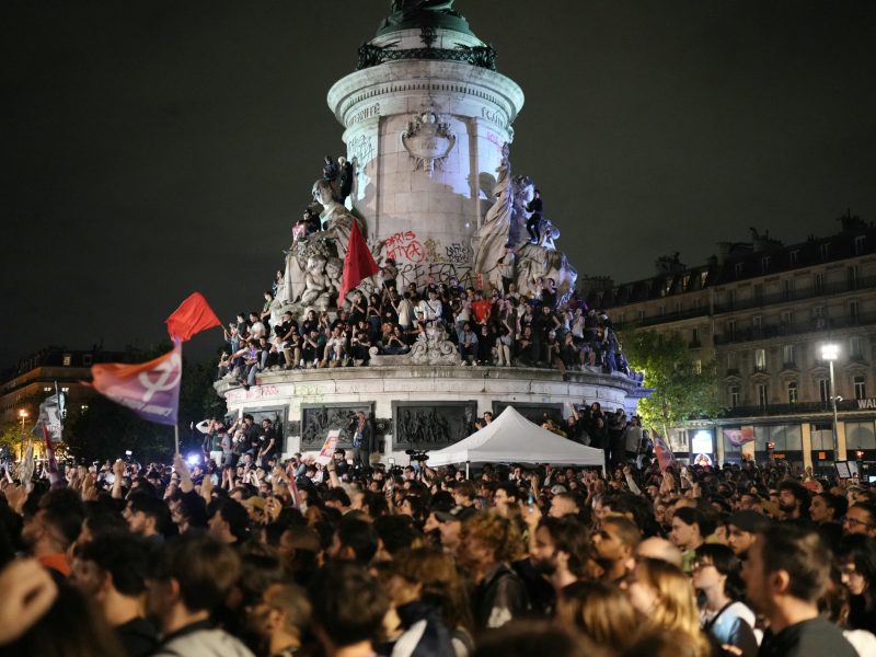 Demonstrators take part in a rally against far-right after the announcement of the results of the first round of parliamentary elections, at Place de la Republique in Paris on June 30, 2024. Photo by DIMITAR DILKOFF/AFP via Getty Images