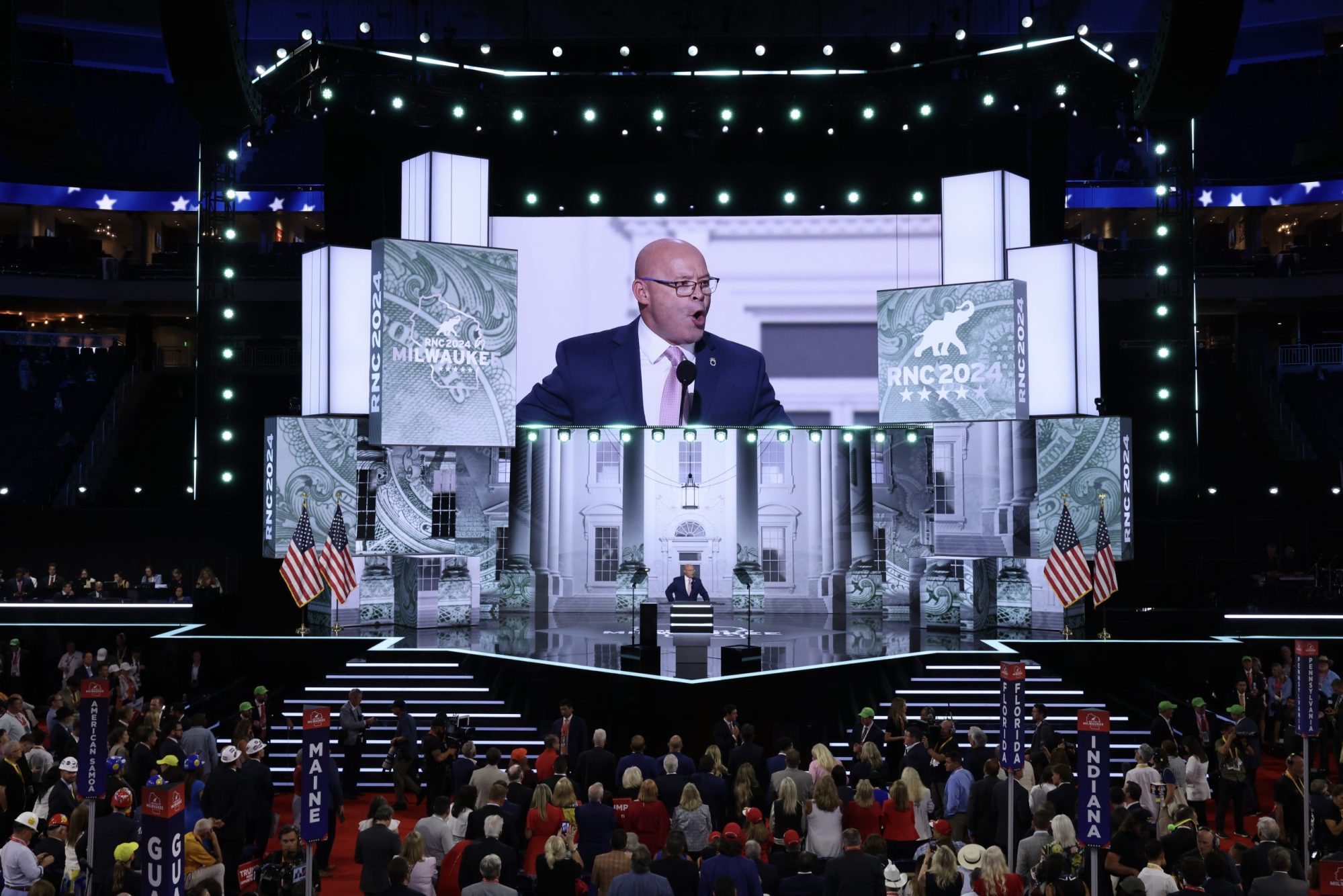 President of the International Brotherhood of Teamsters Sean O’Brien speaks on stage on the first day of the Republican National Convention at the Fiserv Forum on July 15, 2024 in Milwaukee, Wisconsin. Photo by Chip Somodevilla/Getty Images