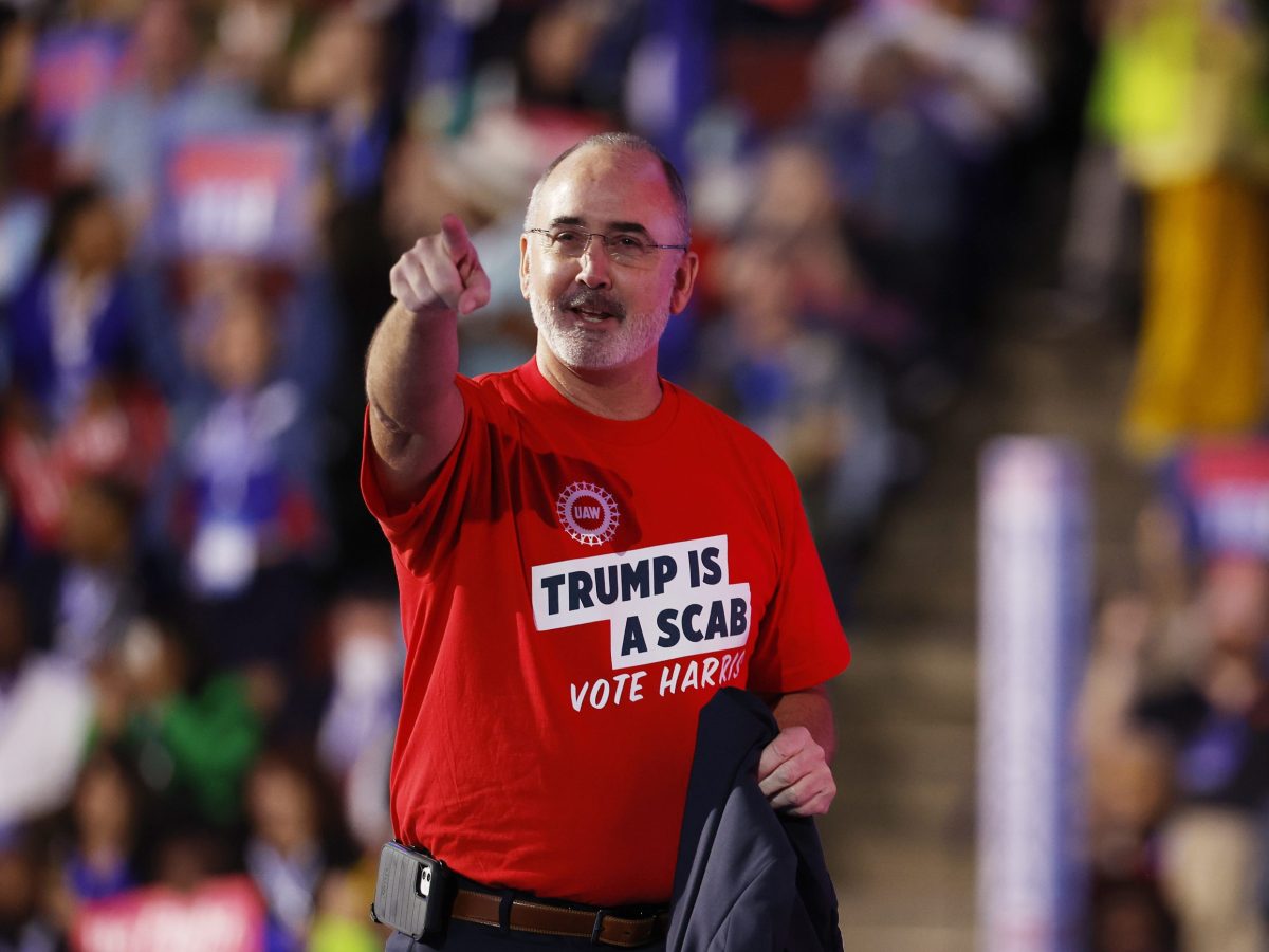 United Auto Workers President Shawn Fain speaks onstage during the first day of the Democratic National Convention at the United Center on August 19, 2024 in Chicago, Illinois. Photo by Kevin Dietsch/Getty Images