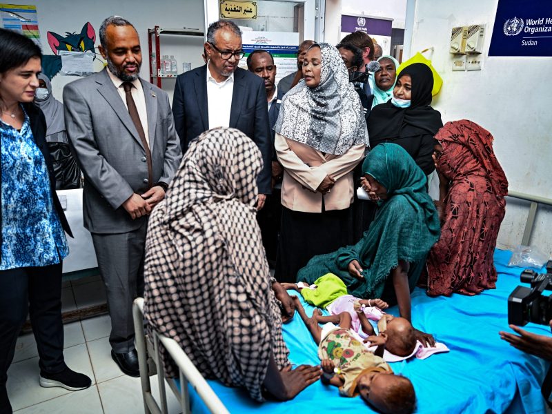 Director-General of the World Health Organization (WHO) Tedros Adhanom Ghebreyesus (C) , accompanied the organisation's Middle East Hanan Balkhy (L) visits a children's hospital in Port Sudan on September 7, 2024. Photo by -/AFP via Getty Images