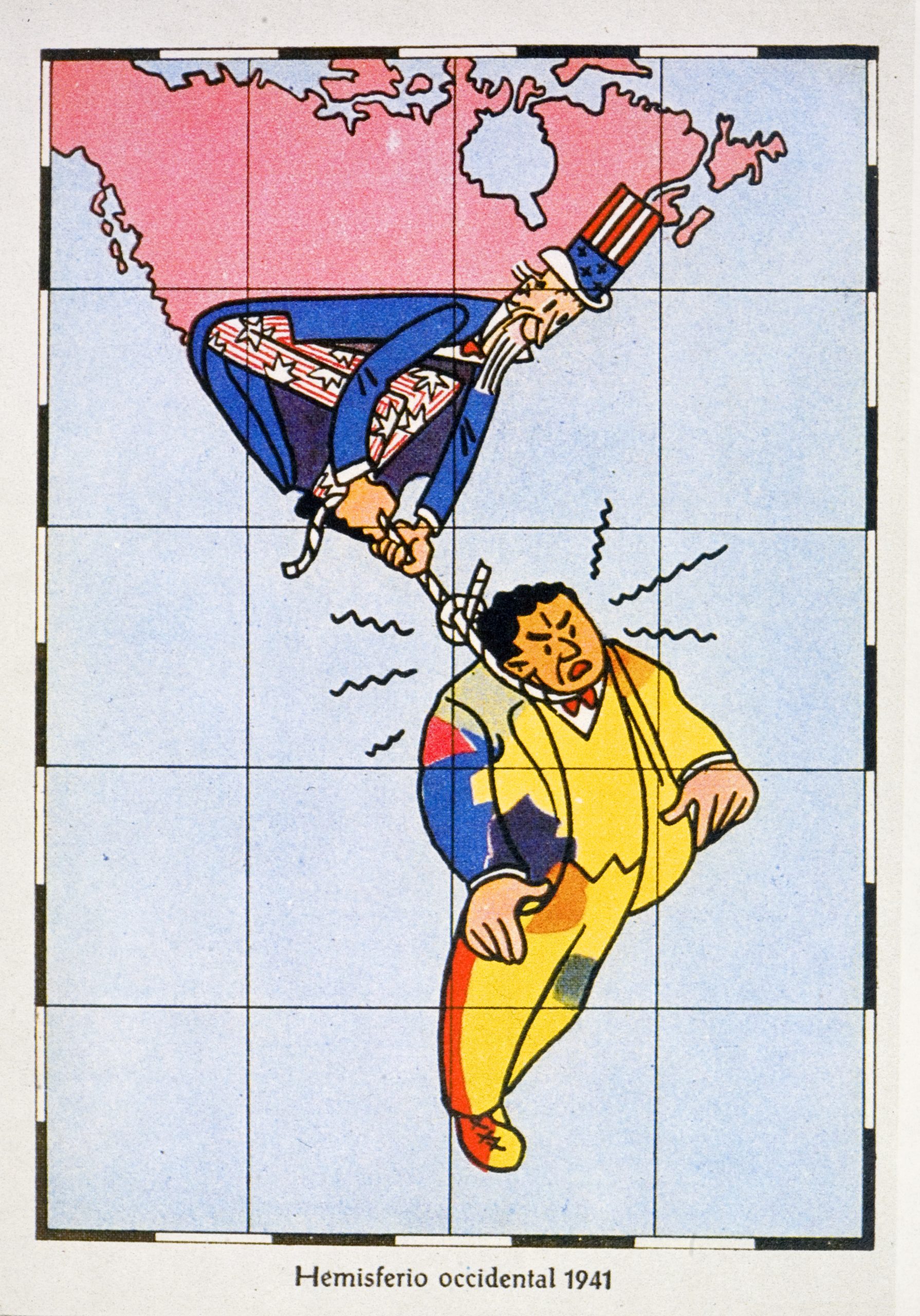 The Monroe Doctrine in action. Card from 1941 showing Uncle Sam strangling the neck of South America according to the terms of the Monroe Doctrine which gave the United States supremecy in the Western Hemisphere for nearly two centuries. Photo by Michael Nicholson/Corbis via Getty Images