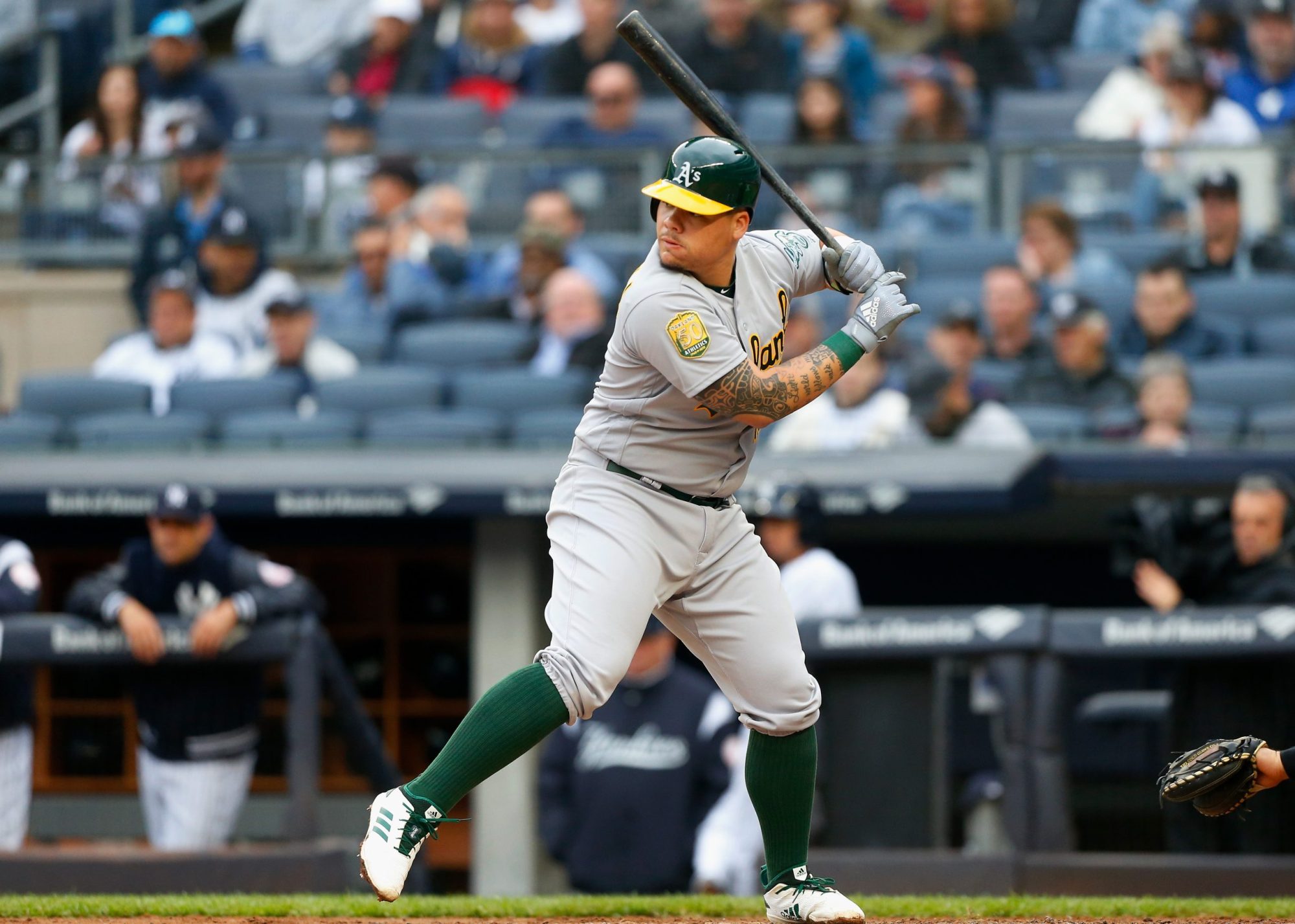 Bruce Maxwell of the Oakland Athletics in action against the New York Yankees at Yankee Stadium on May 12, 2018. Photo by Jim McIsaac/Getty Images