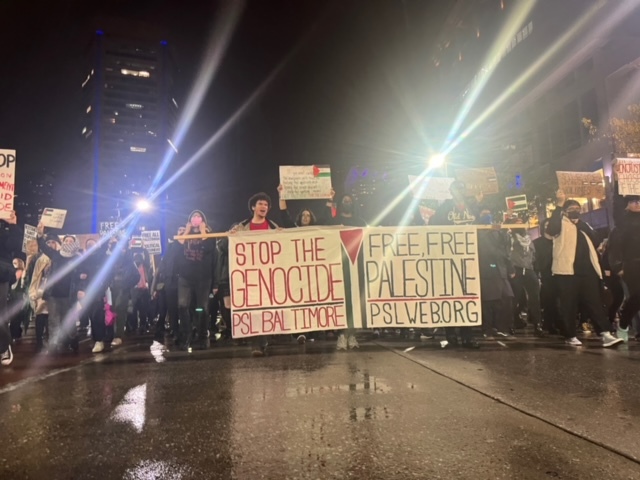 Hundreds of demonstrators gather in front of City Hall in Baltimore on Friday, October 20, to protest Israel's bombing of Gaza and to call for an end to Israel's 75-year Occupation of Palestine. Photo by Jaisal Noor.