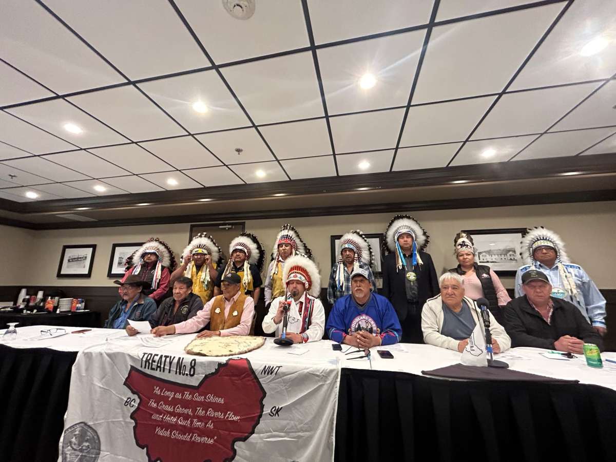 Treaty 8 chiefs held a press conference following a meeting expressing solidarity with the Woodland Cree in Peace River on May 20. Photo by Brandi Morin