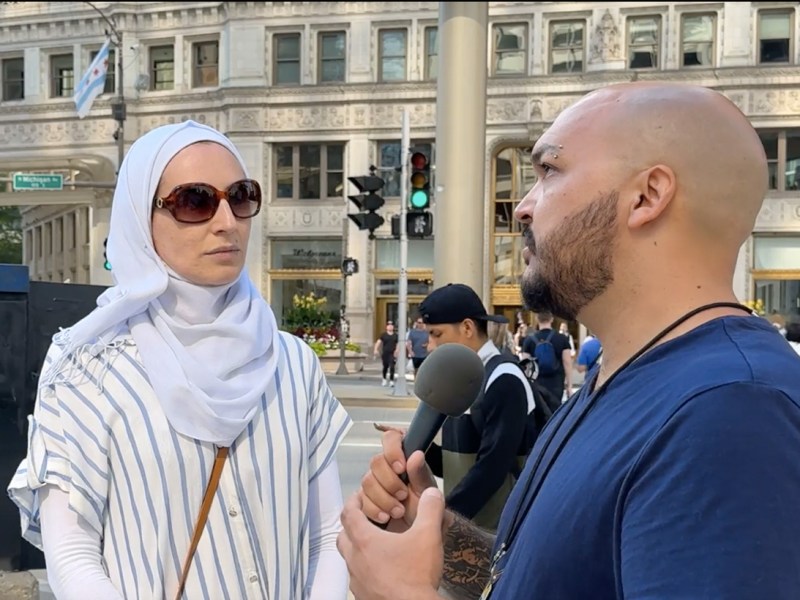 Maximillian Alvarez interviews Yasmine Ahlawi in Chicago, Illinois, on Aug. 20, 2024. Screenshot by TRNN