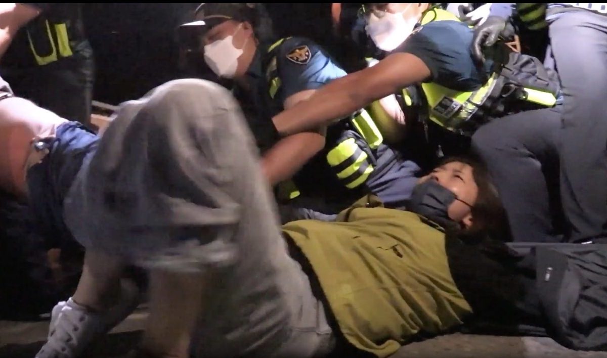 A South Korean protestor nonviolently resists arrests by police during a sit-in against the construction of the US military's THAAD missile system. Screenshot taken from video by Son So-hee and Min.