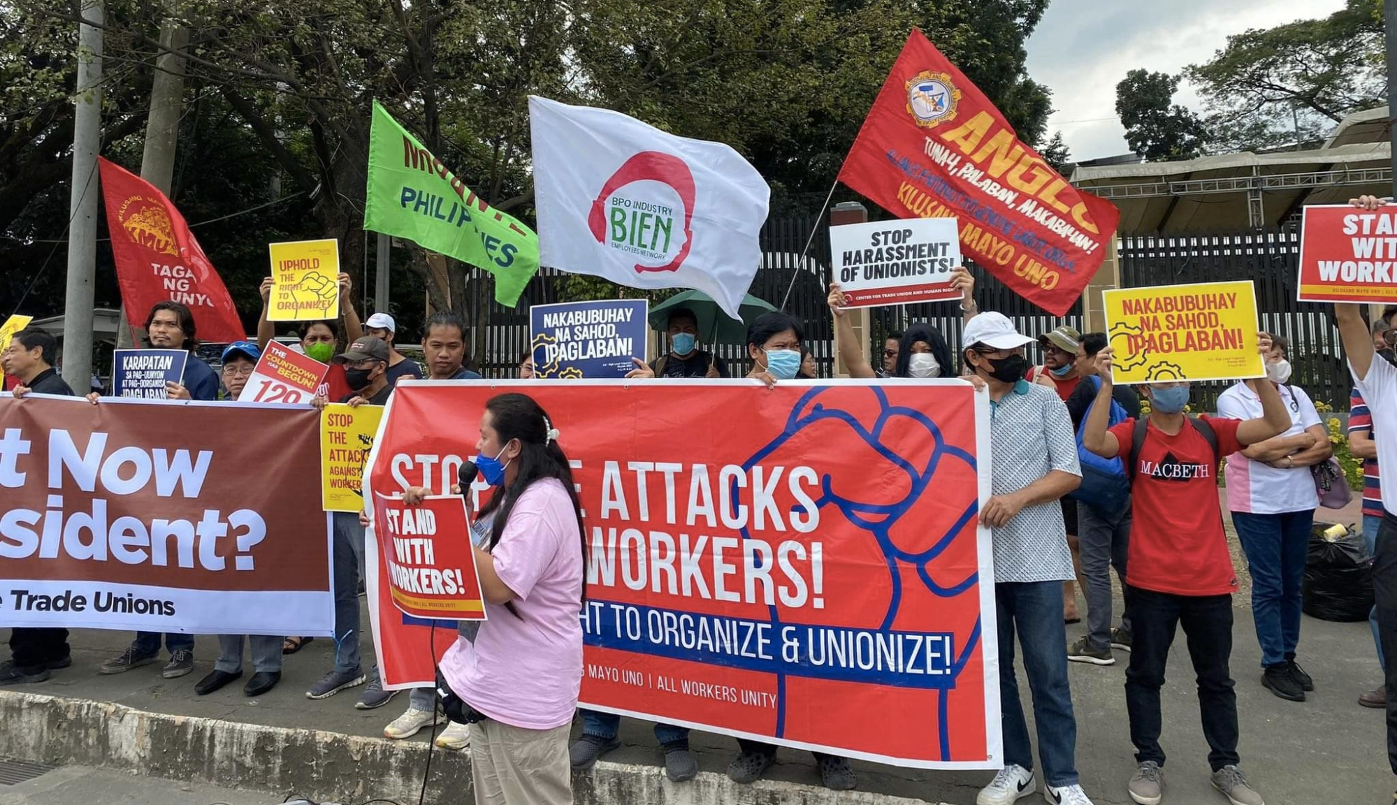 Workers organized with BPO Industry Employees Network in the Philippines demonstrating in defense of the right to organize. Photo courtesy of BPO Industry Employees Network.