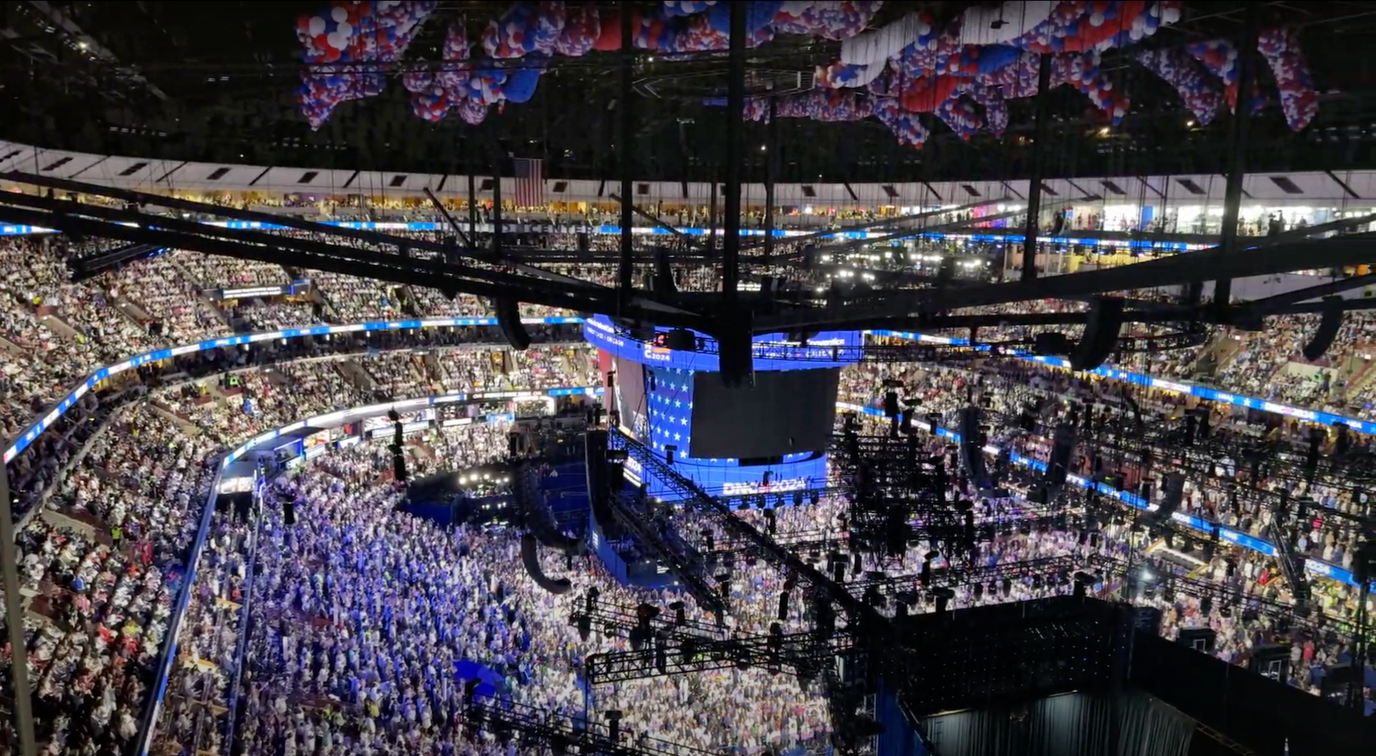 Aerial shot of the 2024 Democratic National Convention from inside the United Center in Chicago, IL. Photo taken on Aug. 21, 2024, by Kayla Rivara.