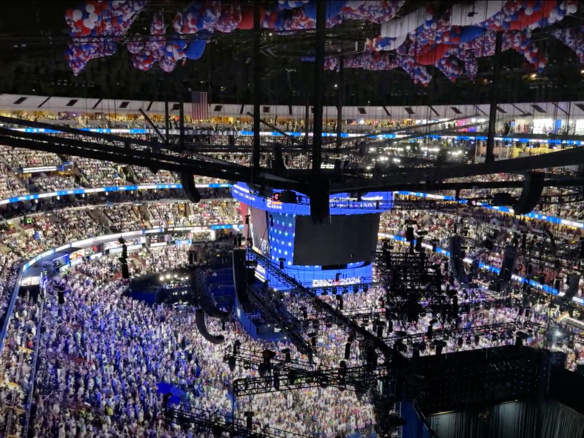 Aerial shot of the 2024 Democratic National Convention from inside the United Center in Chicago, IL. Photo taken on Aug. 21, 2024, by Kayla Rivara.